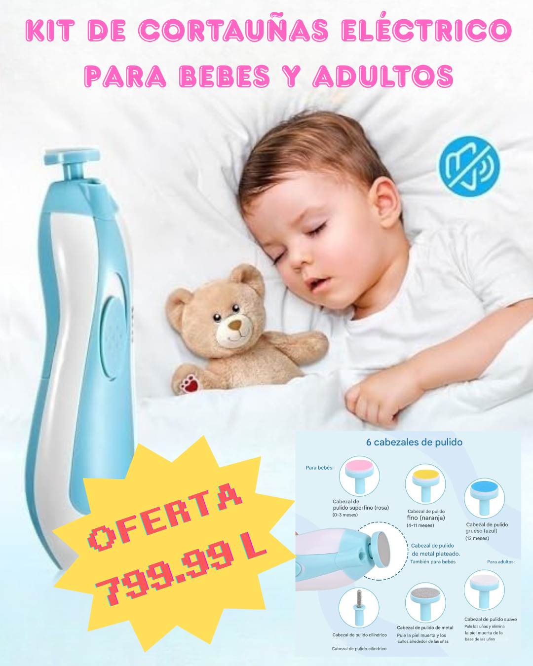 Limababy™ - Cortauñas eléctrico para bebé con 6 cabezales, silencioso y seguro